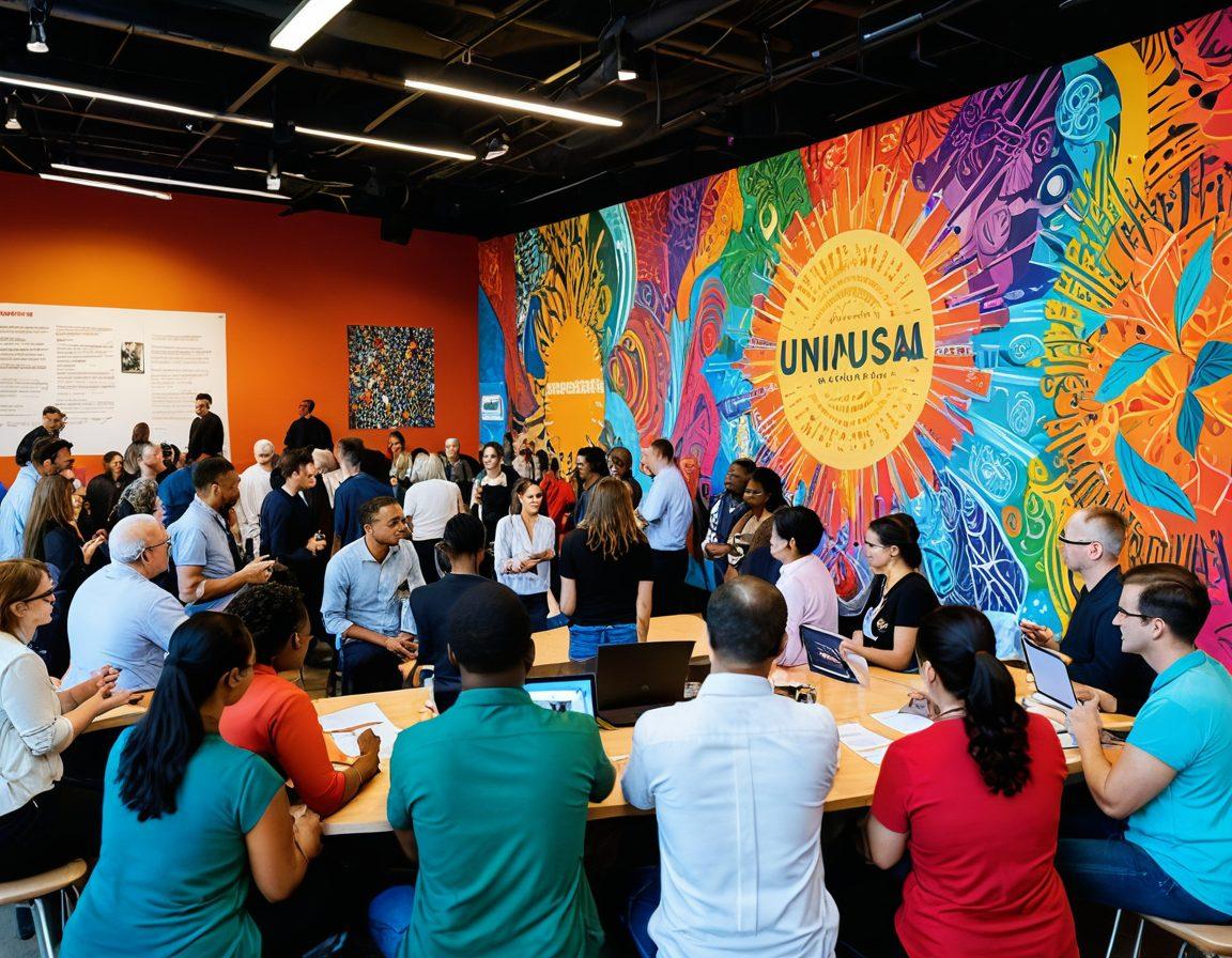 A bustling community gathering with diverse people engaging in animated discussions, surrounded by resourceful pamphlets and digital screens displaying insights. The background features a colorful mural symbolizing unity and knowledge sharing. Bright, inviting colors create a warm atmosphere. super-realistic. vibrant colors. dynamic composition.