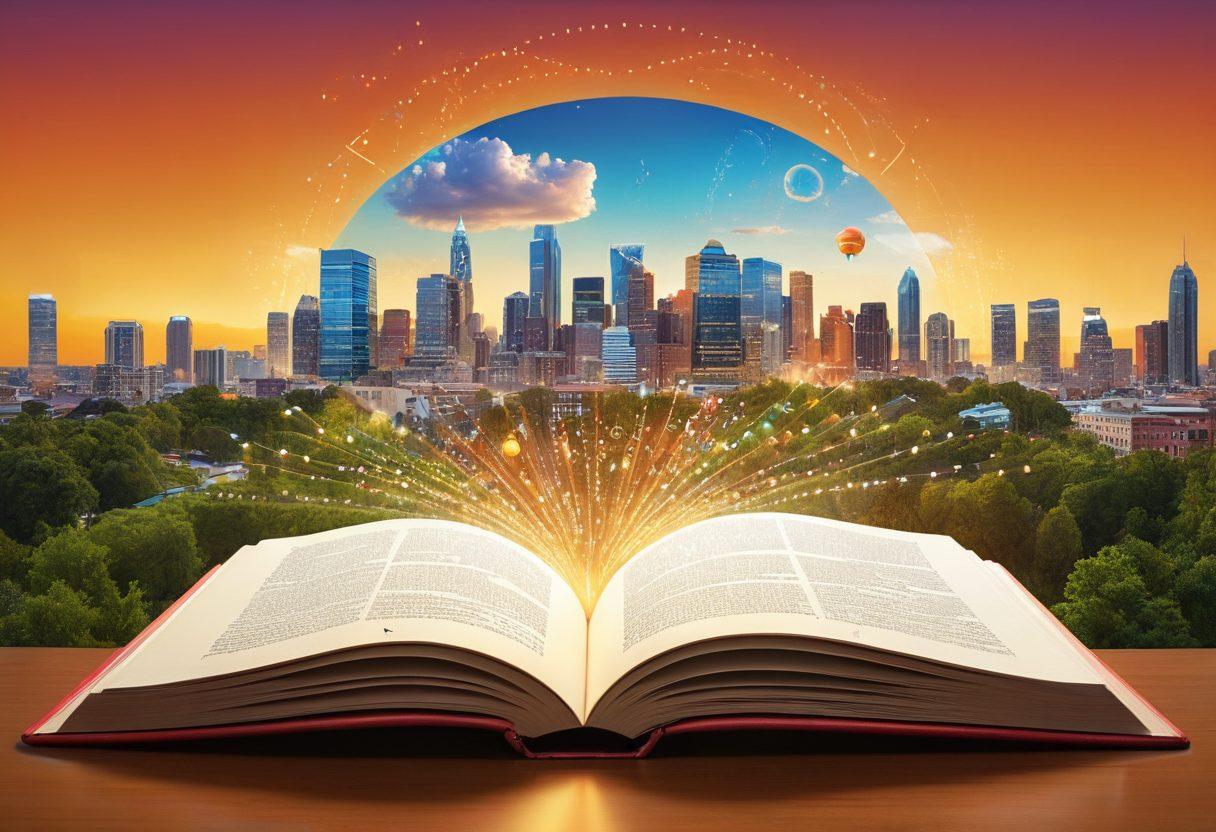 An open book radiating light, surrounded by diverse people sharing ideas, with digital data streams and community symbols like speech bubbles and light bulbs hovering around them. The background depicts a vibrant cityscape blending nature and technology, symbolizing knowledge sharing in a modern world. super-realistic. vibrant colors. dynamic composition.
