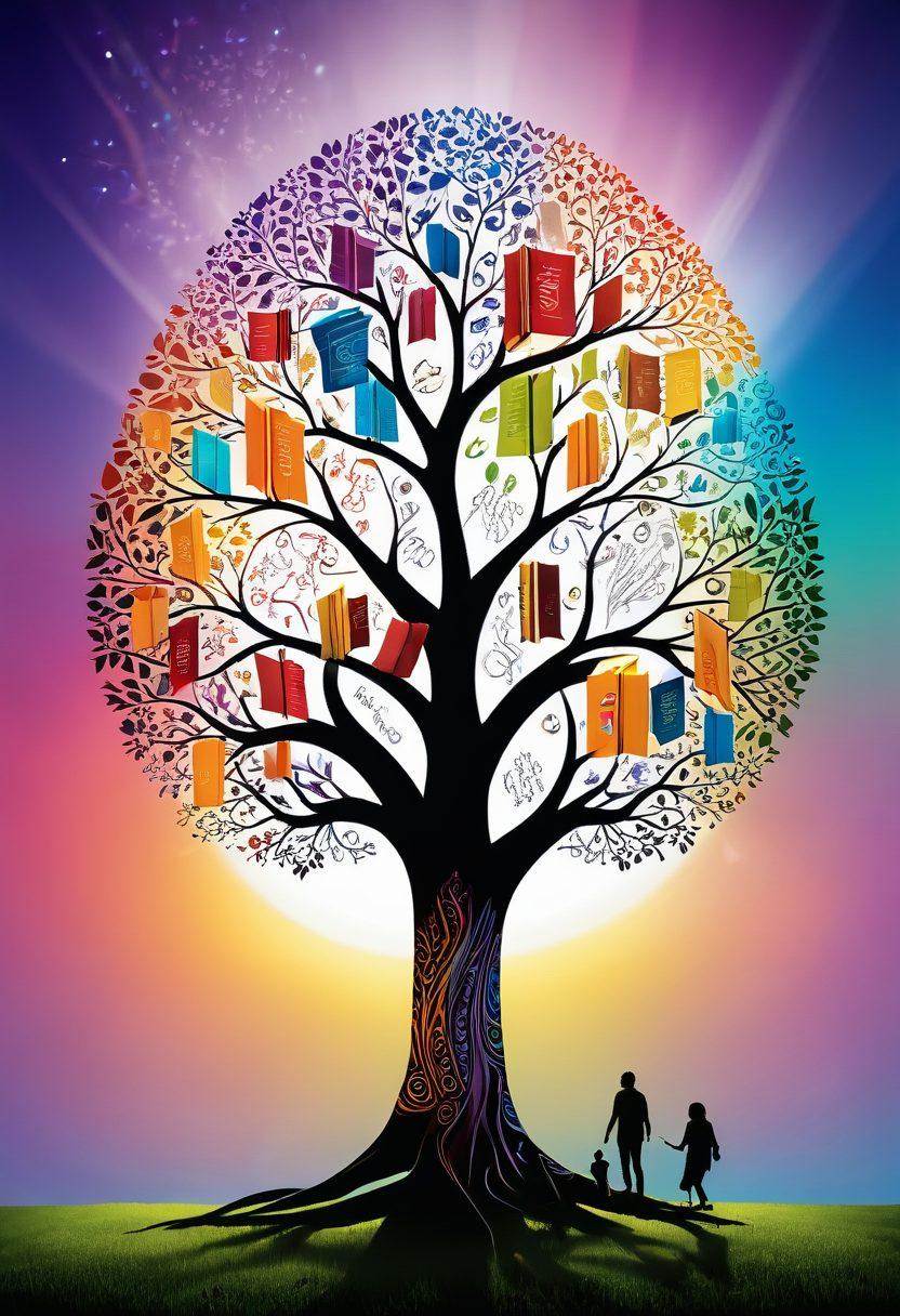 An intricate tree of knowledge with books as leaves and people gathered around its roots, engaged in deep conversation. Light beams radiate from the tree, symbolizing the transformation of knowledge into connections. Subtle, abstract symbols of wisdom float around, blending into the background. The scene should evoke a sense of community and enlightenment. vibrant colors. 3D.